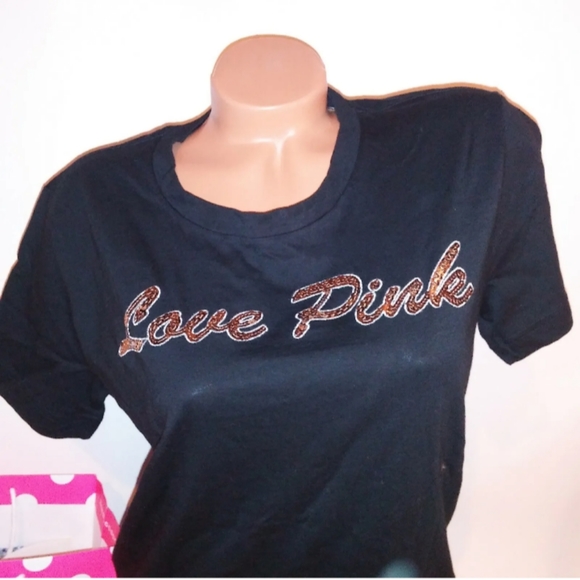 Victoria Secret PINK T Shirt L Black Gold Sequin Bling Logo Campus Tee Cropped - Picture 5 of 6